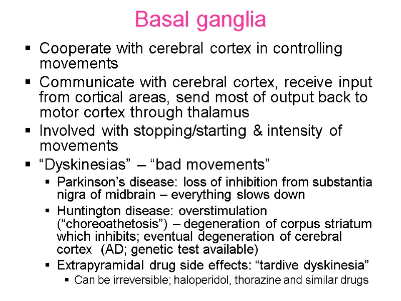 Basal ganglia Cooperate with cerebral cortex in controlling movements Communicate with cerebral cortex, receive